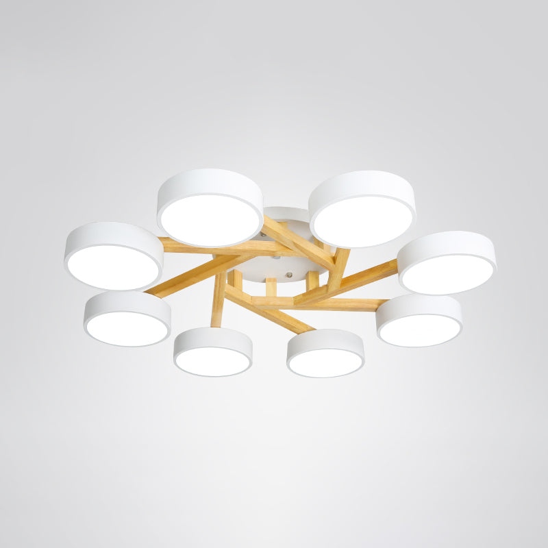 Wood Branch Ceiling Flush Light Minimalistic LED Semi Flush Mount Lamp with Round Acrylic Shade