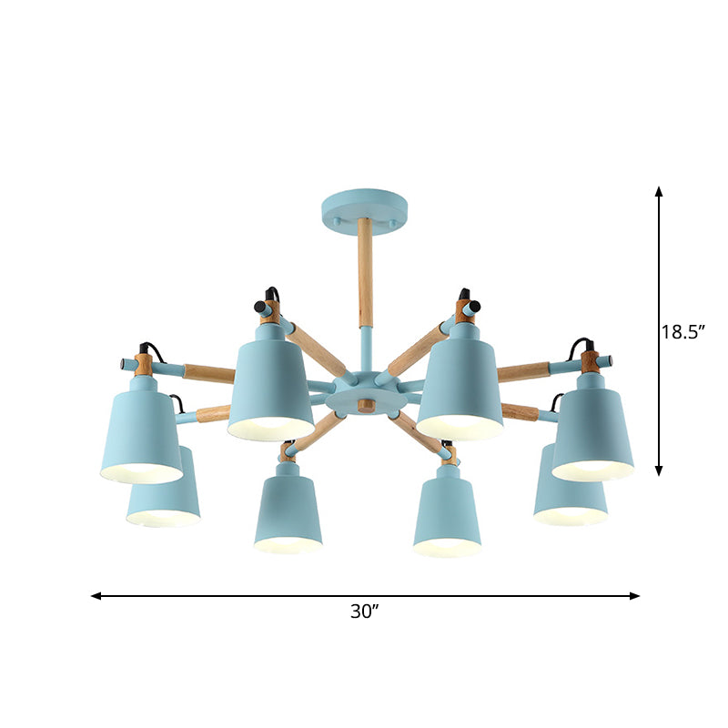 8 Bulbs Living Room Chandelier Macaron Wood Pendant Light with Tapered Metal Shade