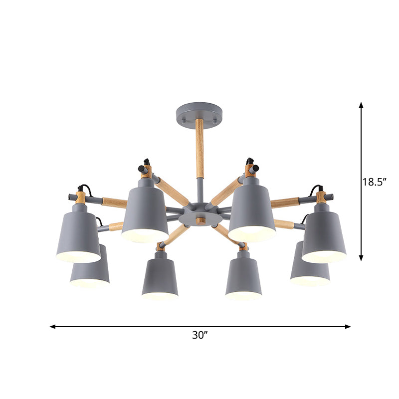 8 Bulbs Living Room Chandelier Macaron Wood Pendant Light with Tapered Metal Shade