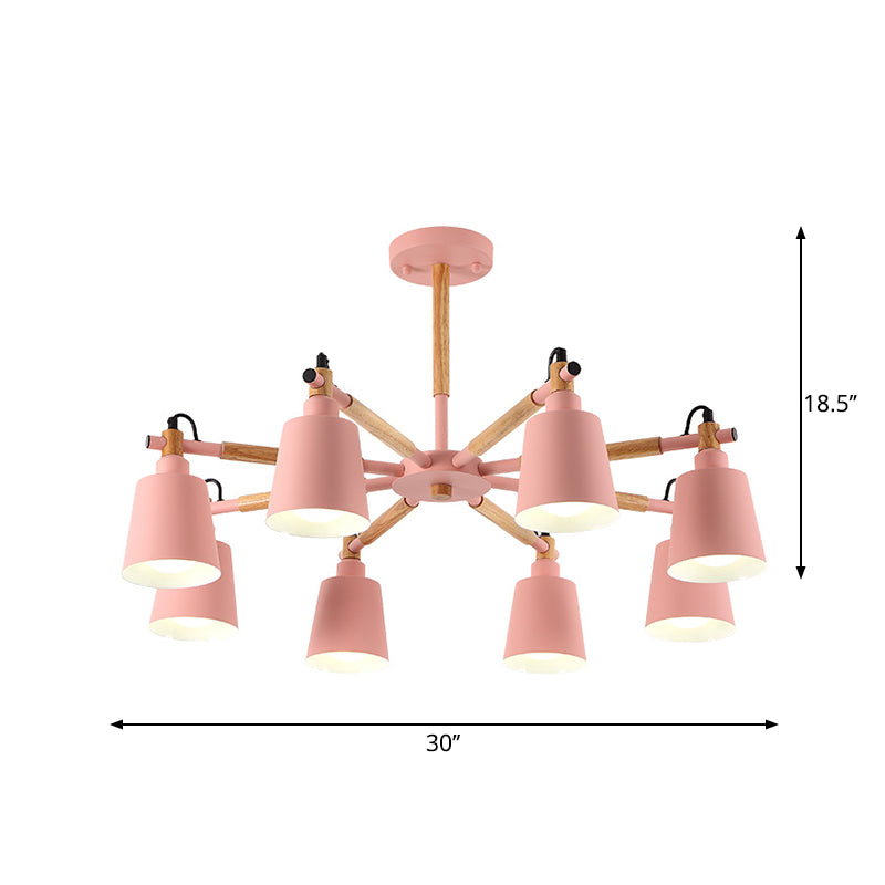 8 Bulbs Living Room Chandelier Macaron Wood Pendant Light with Tapered Metal Shade