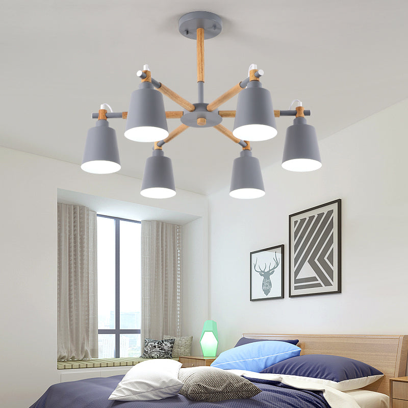 Wooden Radial Pendant Lighting Macaron Chandelier with Tapered Metal Shade for Living Room