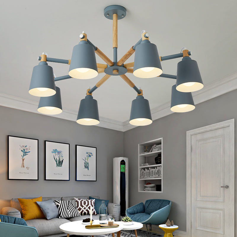Wooden Radial Pendant Lighting Macaron Chandelier with Tapered Metal Shade for Living Room