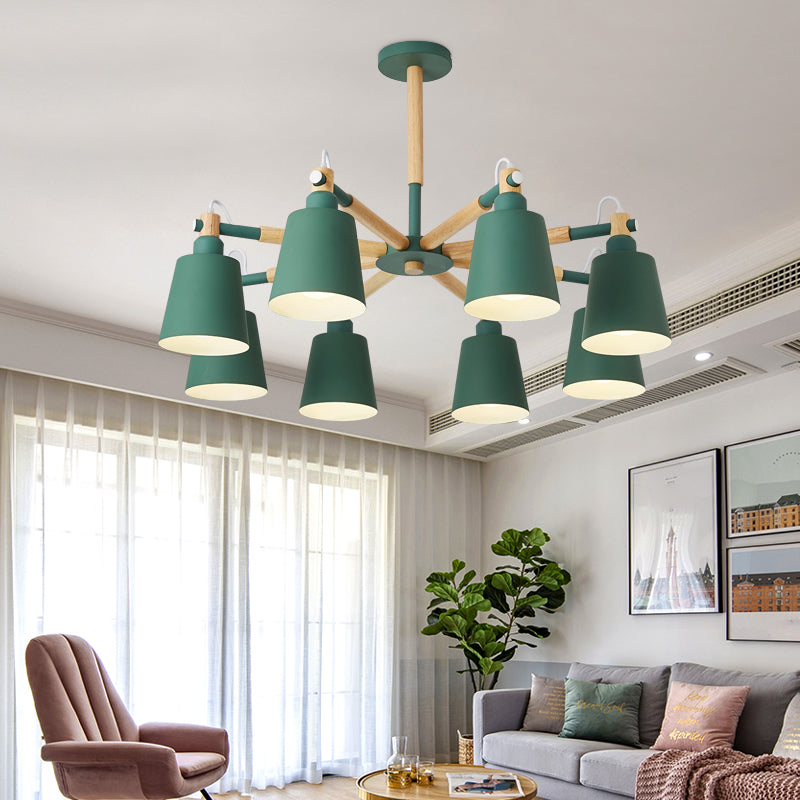 Wooden Radial Pendant Lighting Macaron Chandelier with Tapered Metal Shade for Living Room