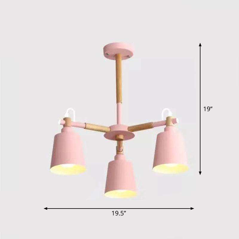 Wooden Radial Pendant Lighting Macaron Chandelier with Tapered Metal Shade for Living Room