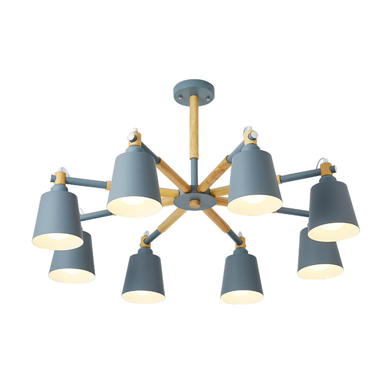 Wooden Radial Pendant Lighting Macaron Chandelier with Tapered Metal Shade for Living Room