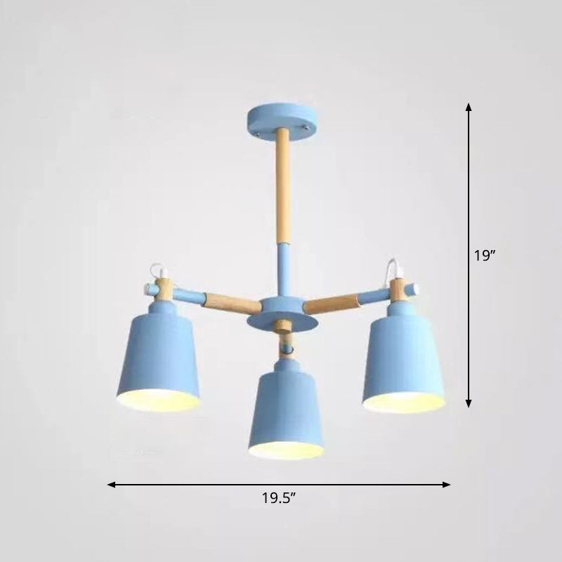 Wooden Radial Pendant Lighting Macaron Chandelier with Tapered Metal Shade for Living Room