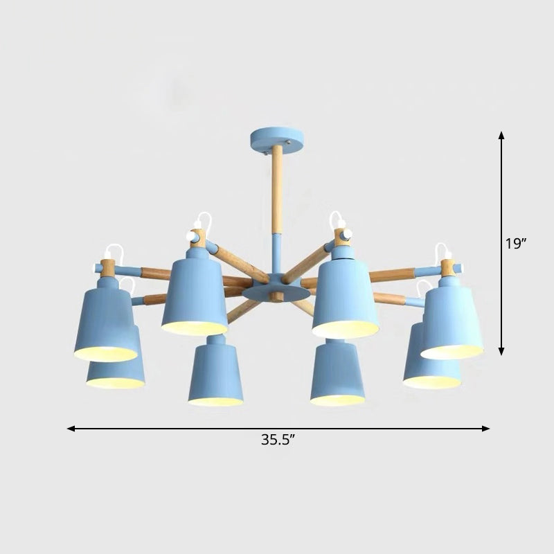 Wooden Radial Pendant Lighting Macaron Chandelier with Tapered Metal Shade for Living Room