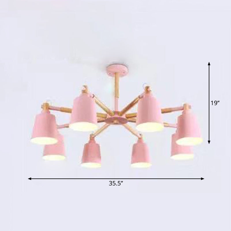 Wooden Radial Pendant Lighting Macaron Chandelier with Tapered Metal Shade for Living Room