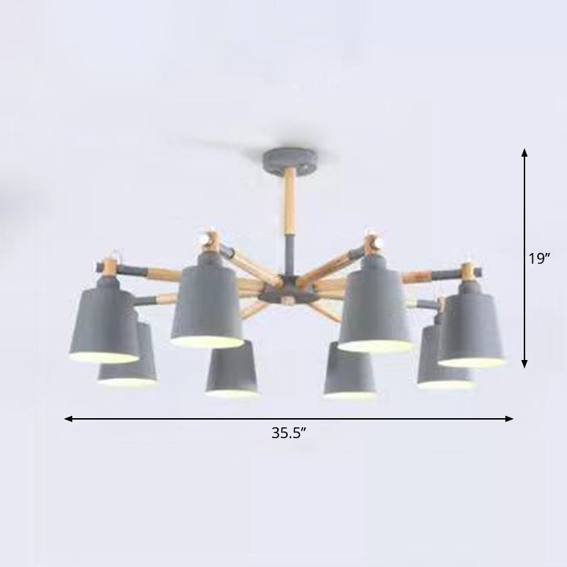 Wooden Radial Pendant Lighting Macaron Chandelier with Tapered Metal Shade for Living Room