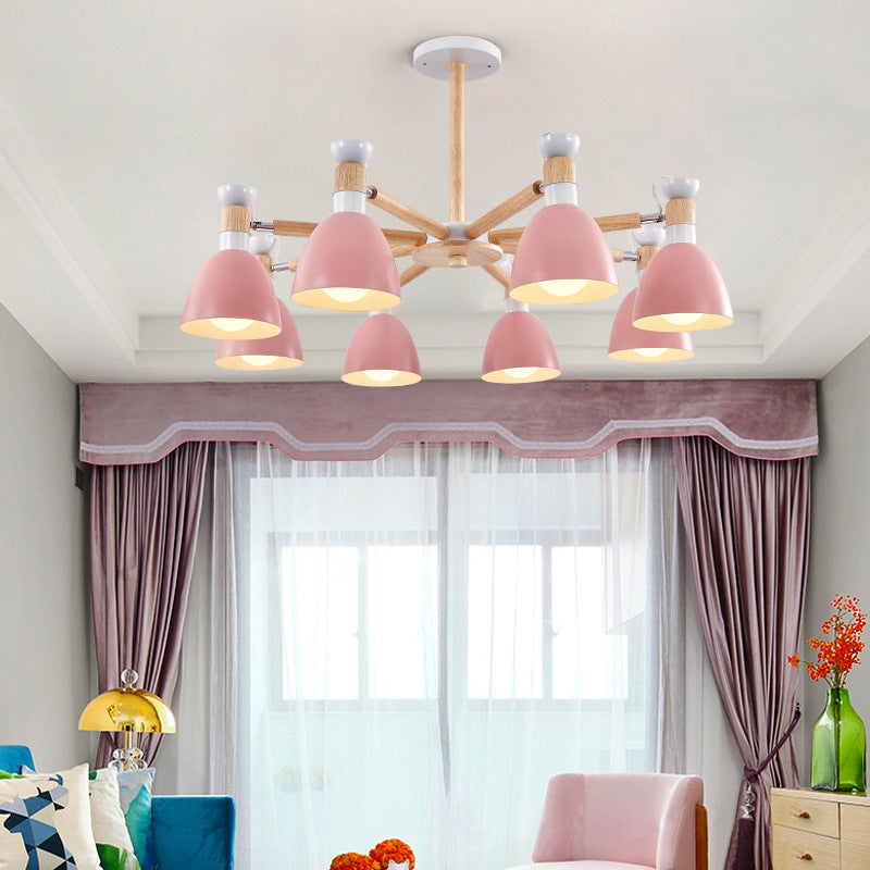 Macaron Style Bell Chandelier Lighting Metal Bedroom Hanging Light avec une tige en bois