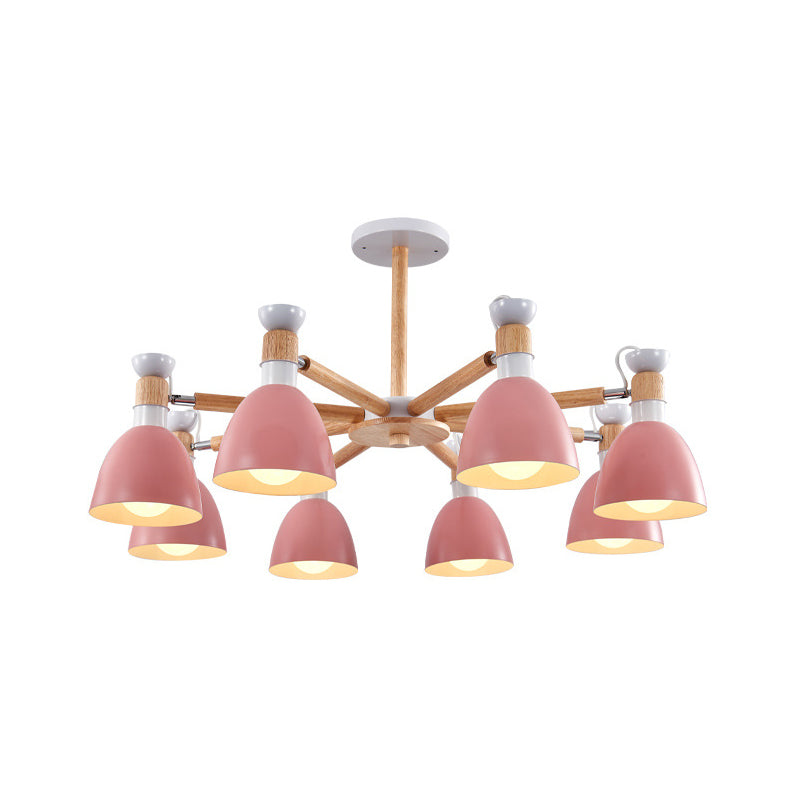 Macaron Style Bell Chandelier Lighting Metal Bedroom Hanging Light avec une tige en bois