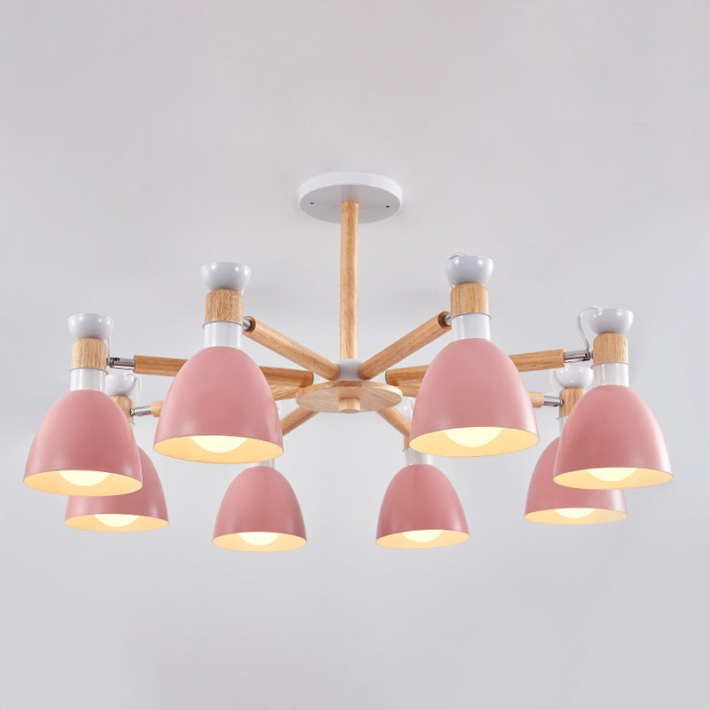 Macaron Style Bell Chandelier Lighting Metal Bedroom Hanging Light avec une tige en bois