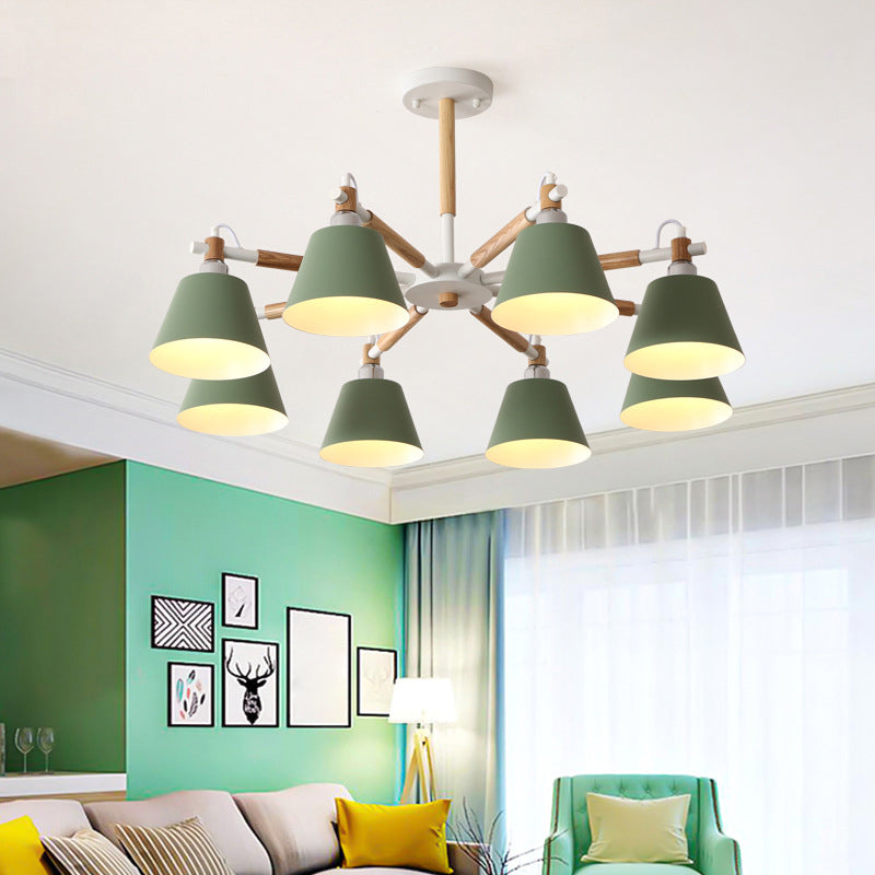 Conical Metal Pendant Lamp Macaron Wood Ceiling Chandelier Light for Living Room