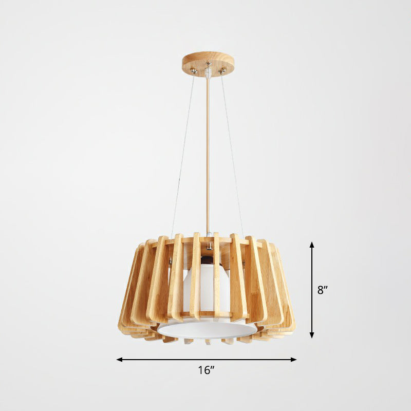Laut de suspension à tambour en bois Contemporain 1 lumière pendante luminaire avec une teinte en tissu conique intérieur