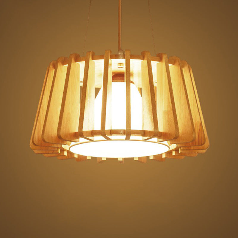 Laut de suspension à tambour en bois Contemporain 1 lumière pendante luminaire avec une teinte en tissu conique intérieur