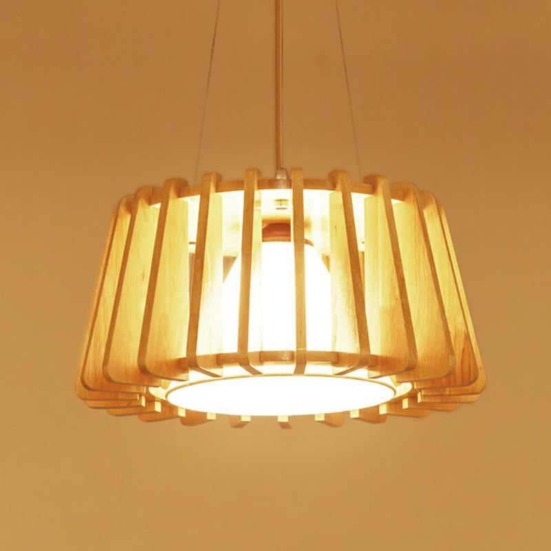 Laut de suspension à tambour en bois Contemporain 1 lumière pendante luminaire avec une teinte en tissu conique intérieur