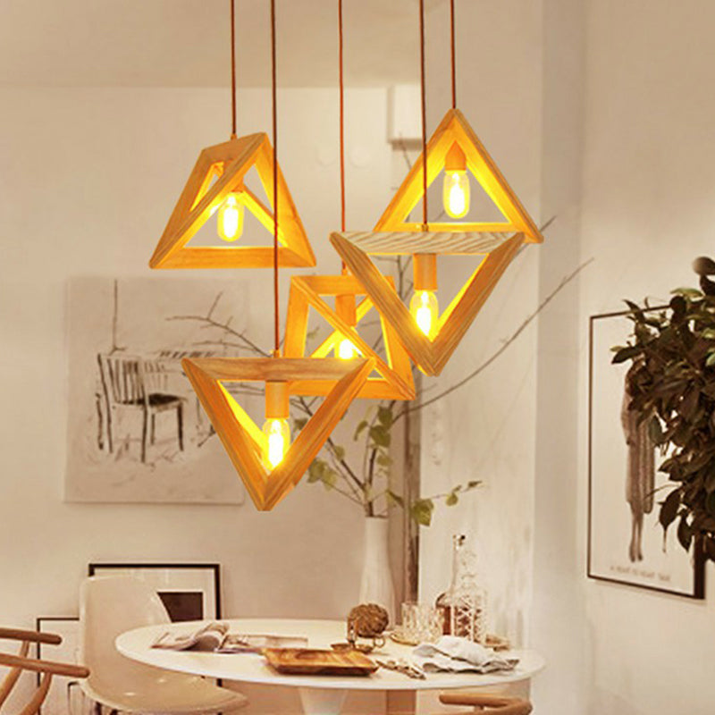 1-Head Dining Room Ceiling Hang Light Modern Beige Pendant Lamp with Triangular Wooden Frame
