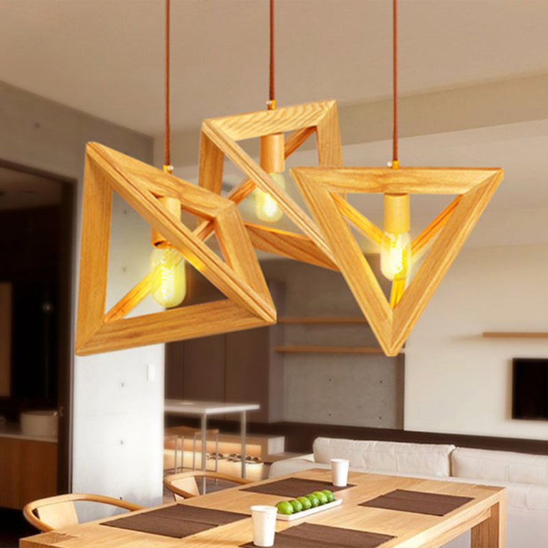 1-Head Dining Room Ceiling Hang Light Modern Beige Pendant Lamp with Triangular Wooden Frame