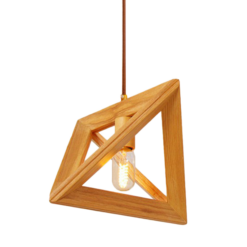 1-Head Dining Room Ceiling Hang Light Modern Beige Pendant Lamp with Triangular Wooden Frame