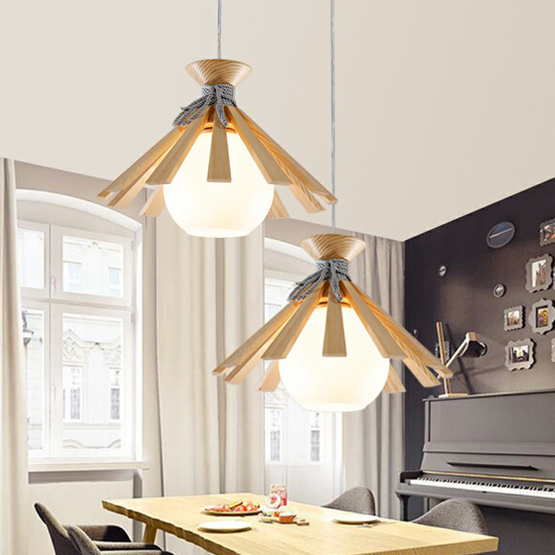 Conical Wood Slat Pendant Light Kit Modern 1-Light Down Lighting with Dome White Glass Shade
