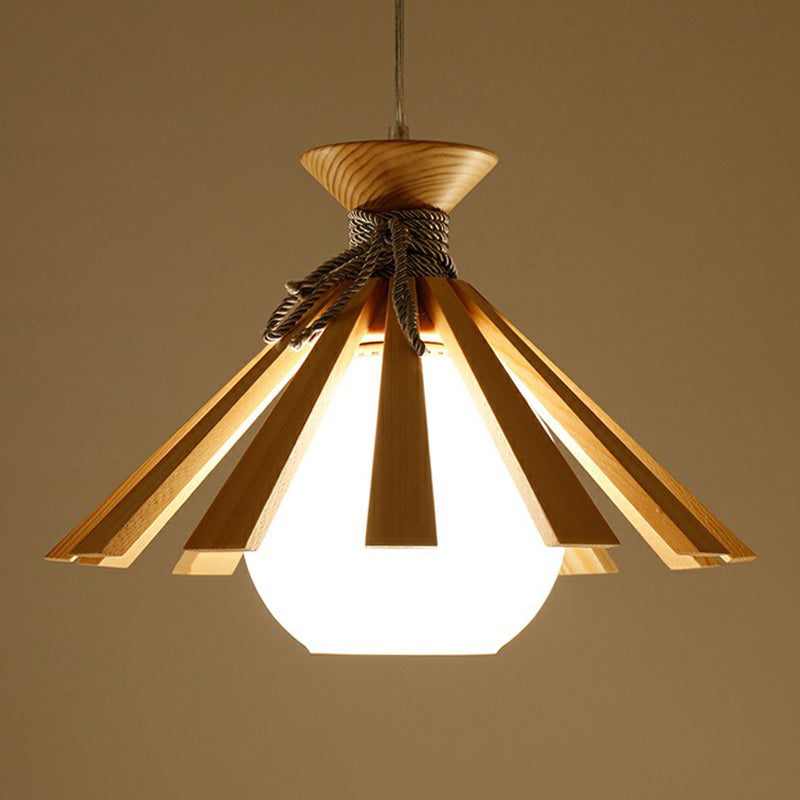 Conical Wood Slat Pendant Light Kit Modern 1-Light Down Lighting with Dome White Glass Shade