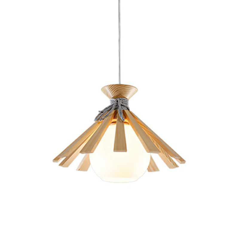 Conical Wood Slat Pendant Light Kit Modern 1-Light Down Lighting with Dome White Glass Shade
