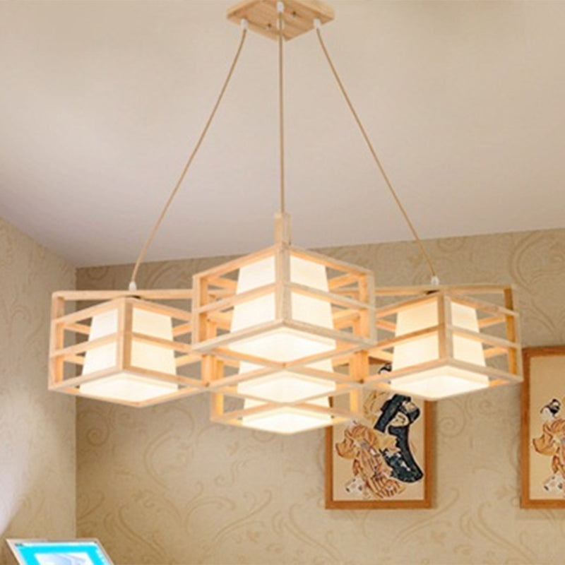 Symmetric Cage Style Hanging Lighting Nordic Wooden 5-Head Beige Multi Pendant Chandelier with Opal Glass Shade
