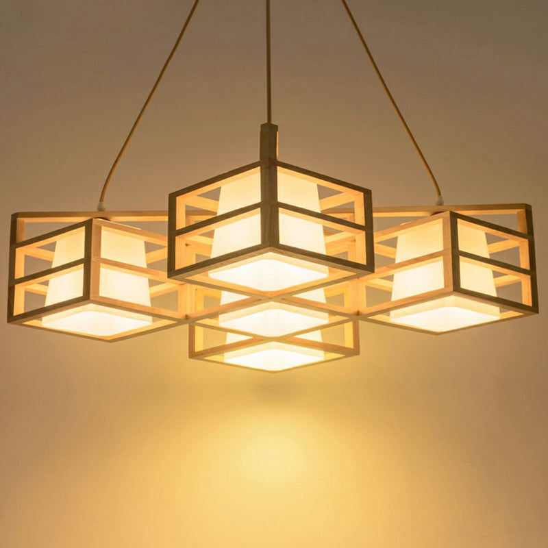 Symmetric Cage Style Hanging Lighting Nordic Wooden 5-Head Beige Multi Pendant Chandelier with Opal Glass Shade