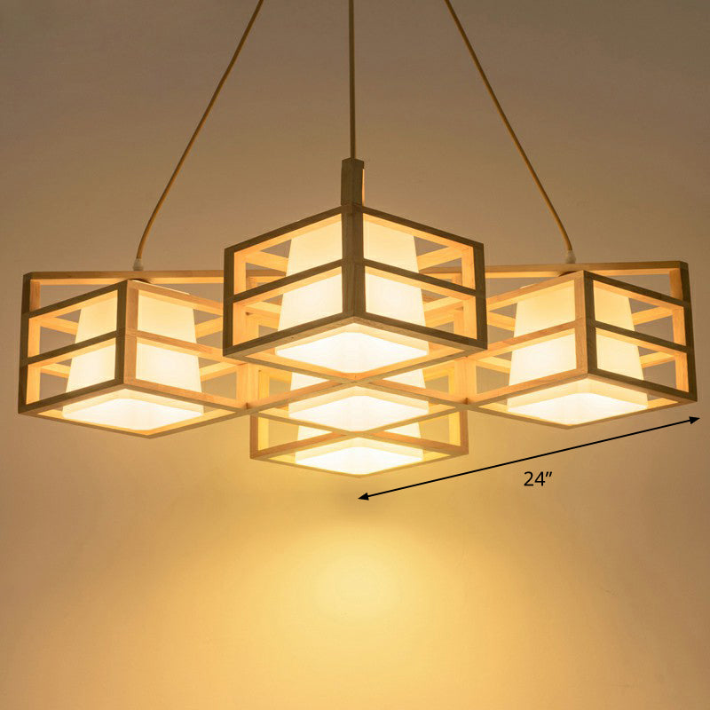 Lumo a sospensione in stile a gabbia simmetrica in legno Nordico BEIGE BEIGE MULTI PENDANT CHANDELIER con tonalità di vetro opale