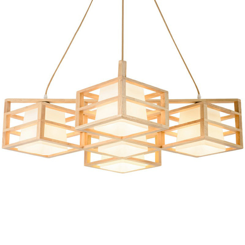 Lumo a sospensione in stile a gabbia simmetrica in legno Nordico BEIGE BEIGE MULTI PENDANT CHANDELIER con tonalità di vetro opale