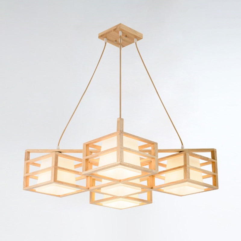 Symmetric Cage Style Hanging Lighting Nordic Wooden 5-Head Beige Multi Pendant Chandelier with Opal Glass Shade