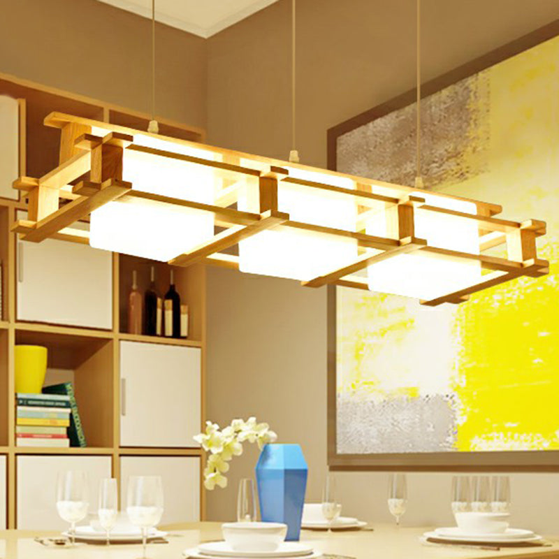 Milk Glass Rectangular Island Light Nordic 3 Lights Beige Suspension Lamp with Wooden Cage