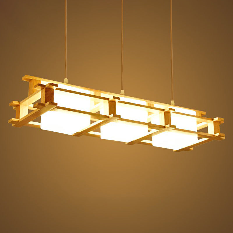 Milk Glass Rectangular Island Light Nordic 3 Lights Beige Suspension Lamp with Wooden Cage