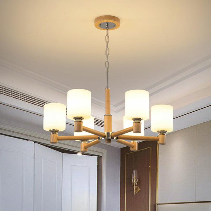 Wood Cylinder Ceiling Chandelier Minimalist White Glass Hanging Pendant Light for Bedroom