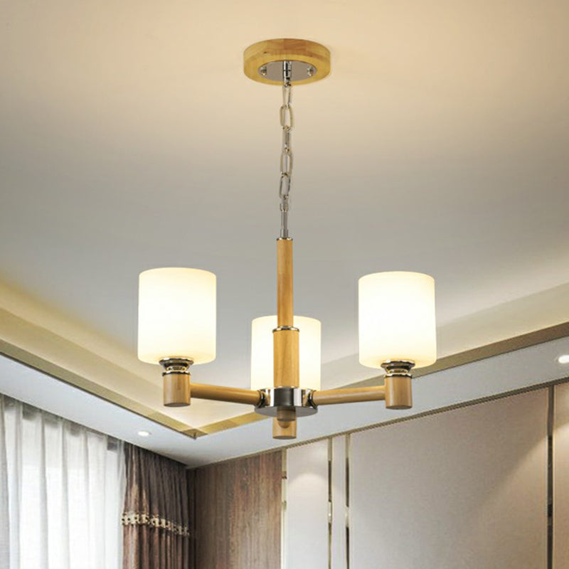 Wood Cylinder Ceiling Chandelier Minimalist White Glass Hanging Pendant Light for Bedroom