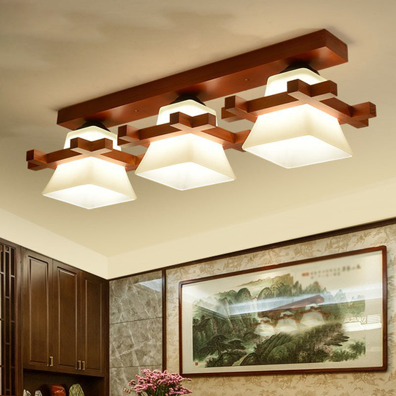 Pagoda Shaped Flush Ceiling Light Nordic Frosted White Glass Coffee Semi Mount Lighting with Wooden Frame