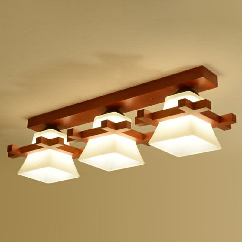 Pagoda Shaped Flush Ceiling Light Nordic Frosted White Glass Coffee Semi Mount Lighting with Wooden Frame