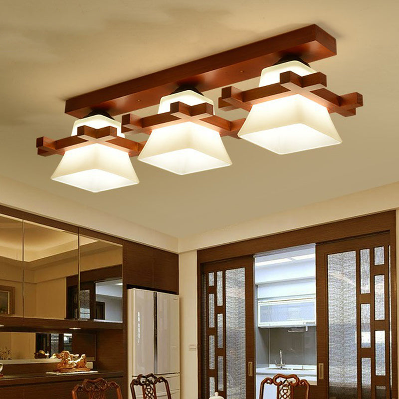 Pagoda Shaped Flush Ceiling Light Nordic Frosted White Glass Coffee Semi Mount Lighting with Wooden Frame