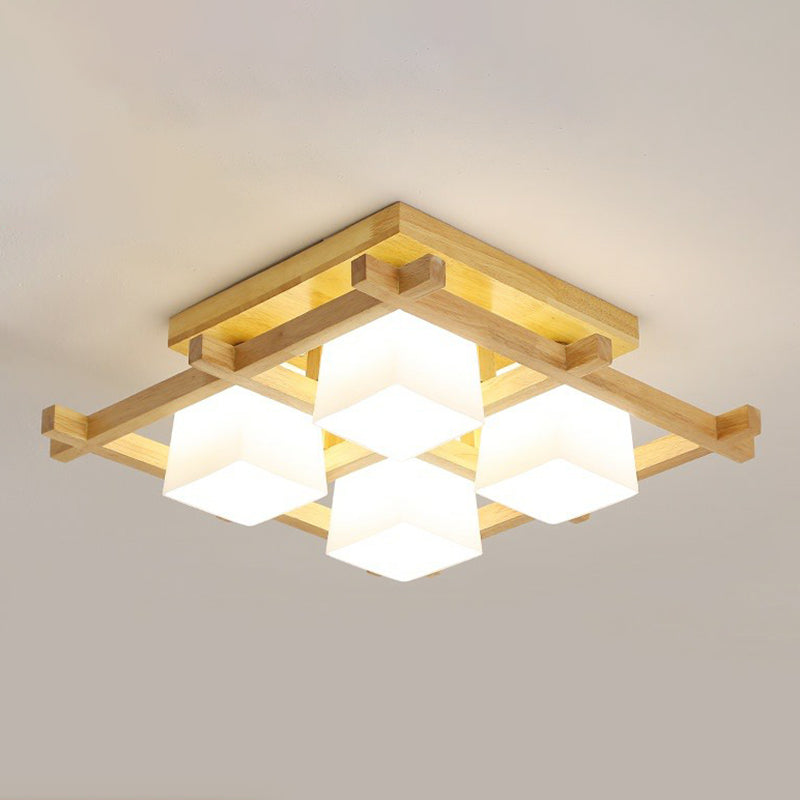 White Glass Cube Ceiling Flush Light Modern Style Semi Flush Mount Lighting with Wood Grid