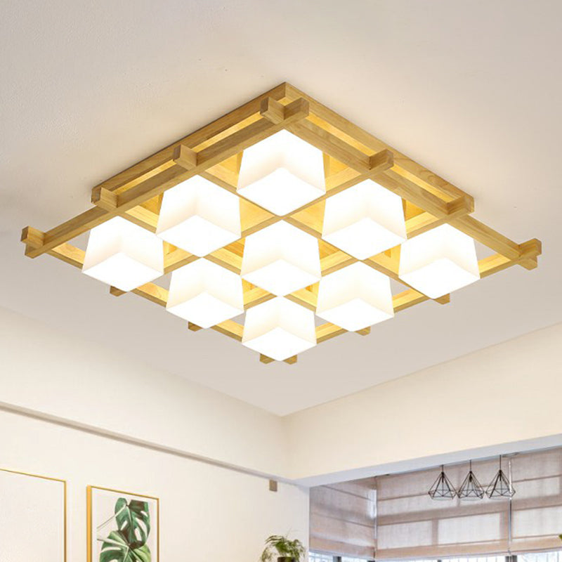 White Glass Cube Ceiling Flush Light Modern Style Semi Flush Mount Lighting with Wood Grid