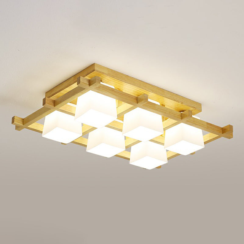 White Glass Cube Ceiling Flush Light Modern Style Semi Flush Mount Lighting with Wood Grid