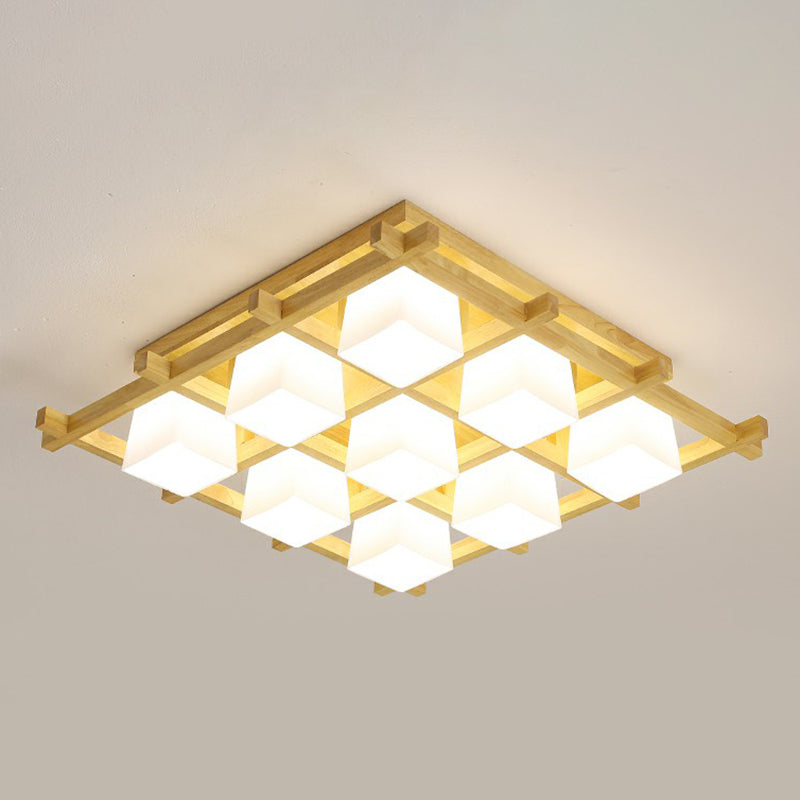 White Glass Cube Ceiling Flush Light Modern Style Semi Flush Mount Lighting with Wood Grid