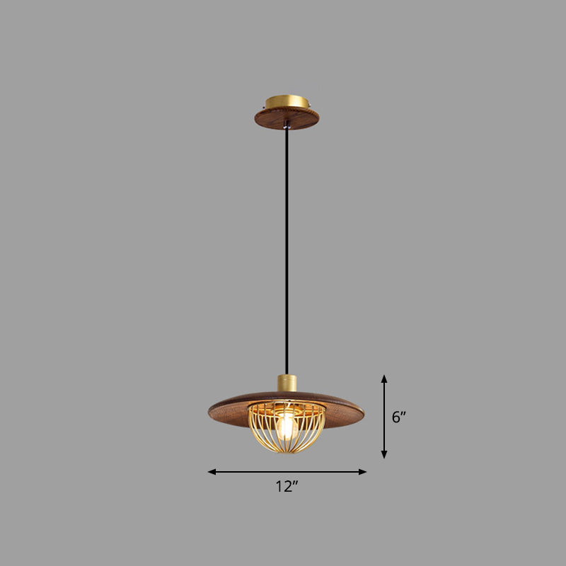 Disc Wooden Pendant Lighting Contemporary 1-Light Hanging Ceiling Light with Cage Bottom