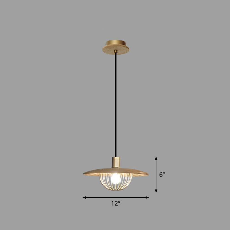Disc Wooden Pendant Lighting Contemporary 1-Light Hanging Ceiling Light with Cage Bottom