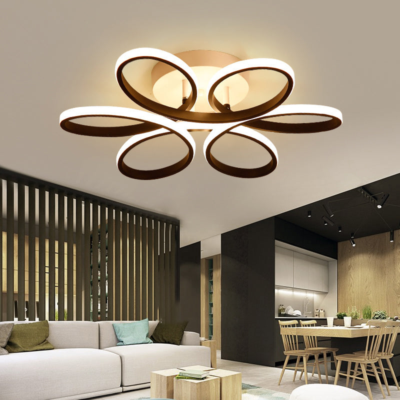 Floral Metal Flush Light Fixture Modern LED Black Semi Flush Ceiling Light for Bedroom