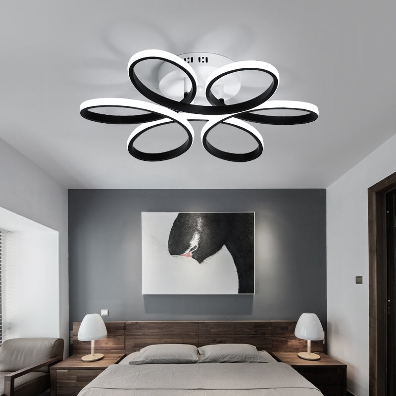 Floral Metal Flush Light Fixture Modern LED Black Semi Flush Ceiling Light for Bedroom