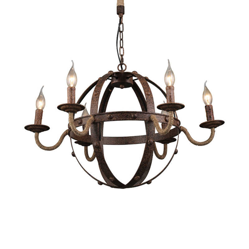 Globe Metal Chandelier Lamp Country Style 6 Lights Dining Room Pendant Lighting in Rust