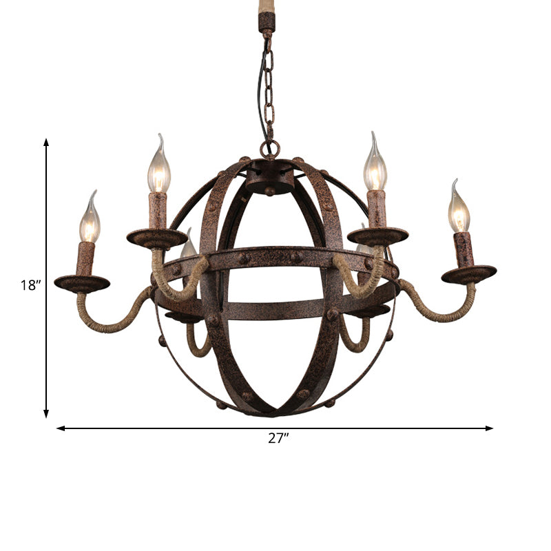 Globe Metal Chandelier Lamp Country Style 6 Lights Dining Room Pendant Lighting in Rust