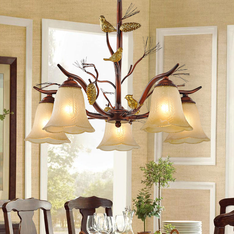 Flower Shaped Living Room Ceiling Chandelier Rustic Frosted Glass 3/6/8 Lights Brown Hanging Fixture with Bird