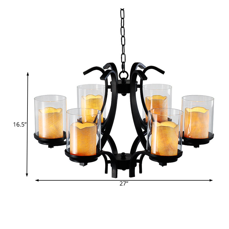 6 Lights Dining Room Ceiling Lamp Country Black Chandelier Light with Cylinder Marble and Clear Glass Shade
